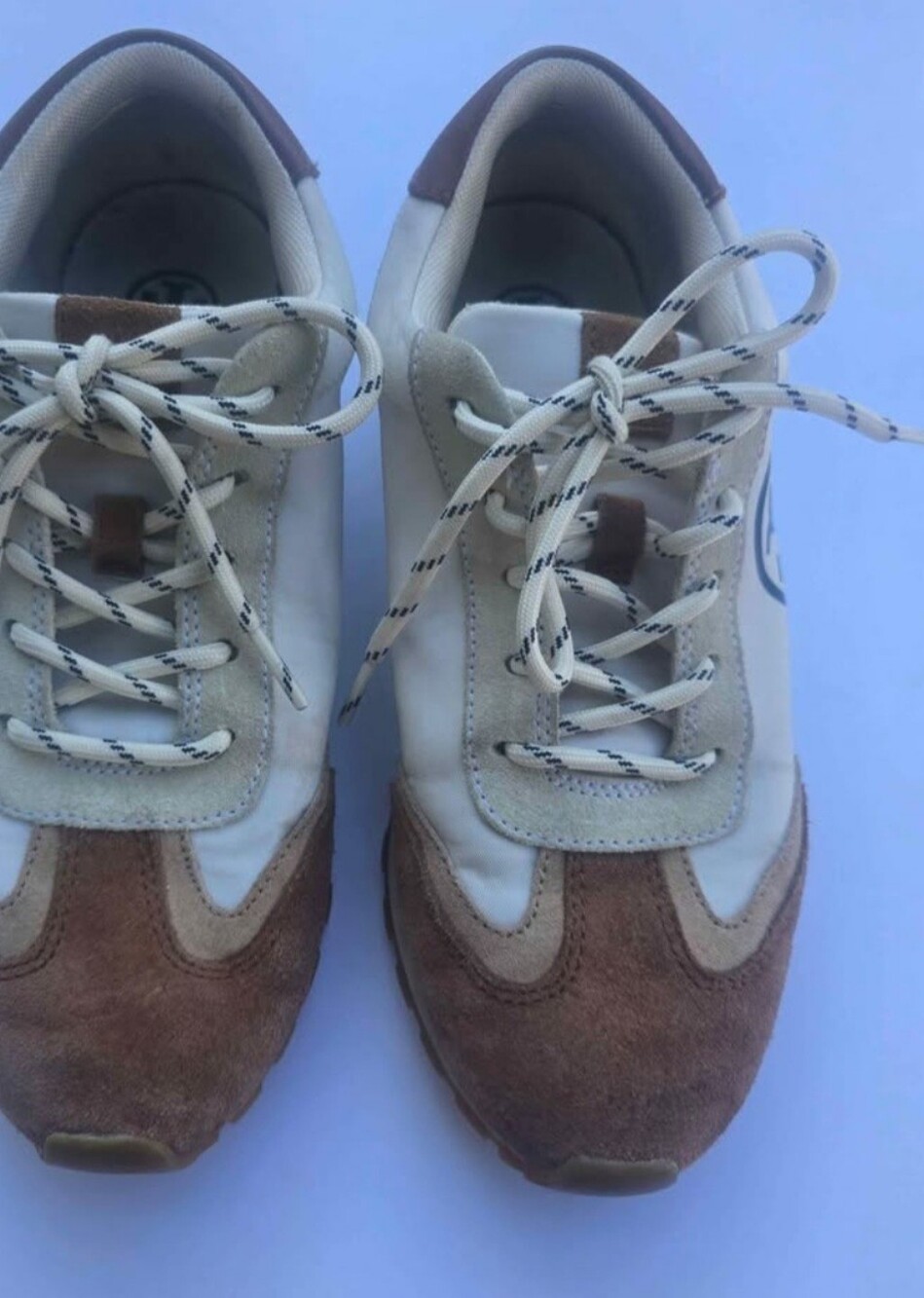 Title, Tory Burch women's sneakers size 7.5 M brown and cream leather suede.